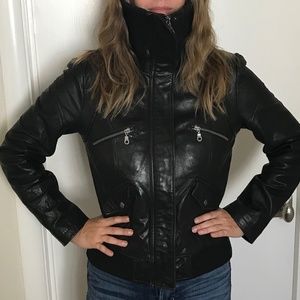 DKNY Lambskin Leather Funnel Neck Moto Jacket